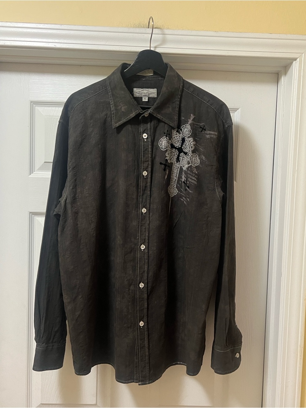 Eighty Eight Black Button-Down Casual Shirt with Embroidered Cross